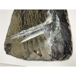 Michael J Whitehand (British 1941-): Three oil paintings of ships on slate signed, largest H40cm, L75cm