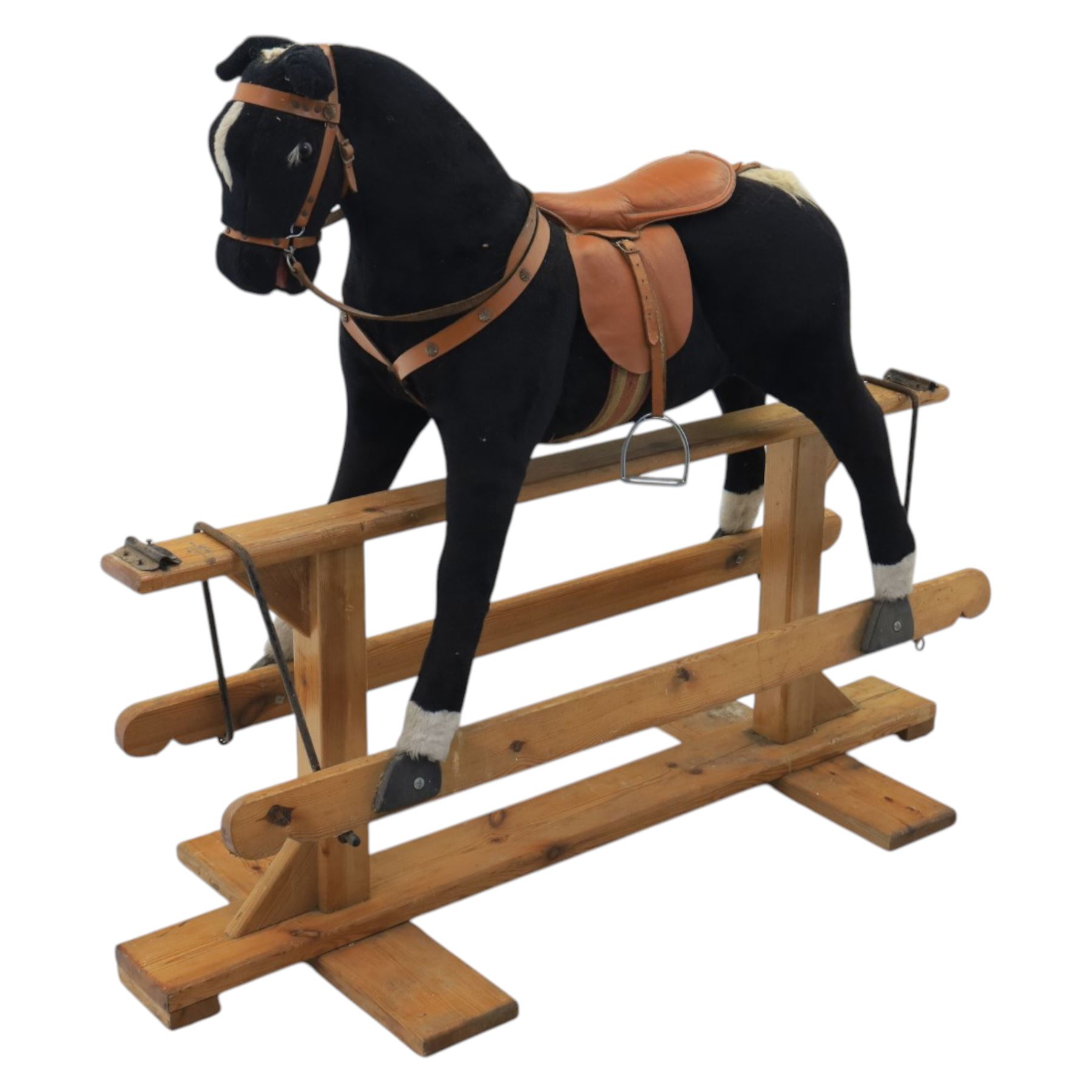 Vintage rocking horse on pine trestle base, early to mid 20th century
