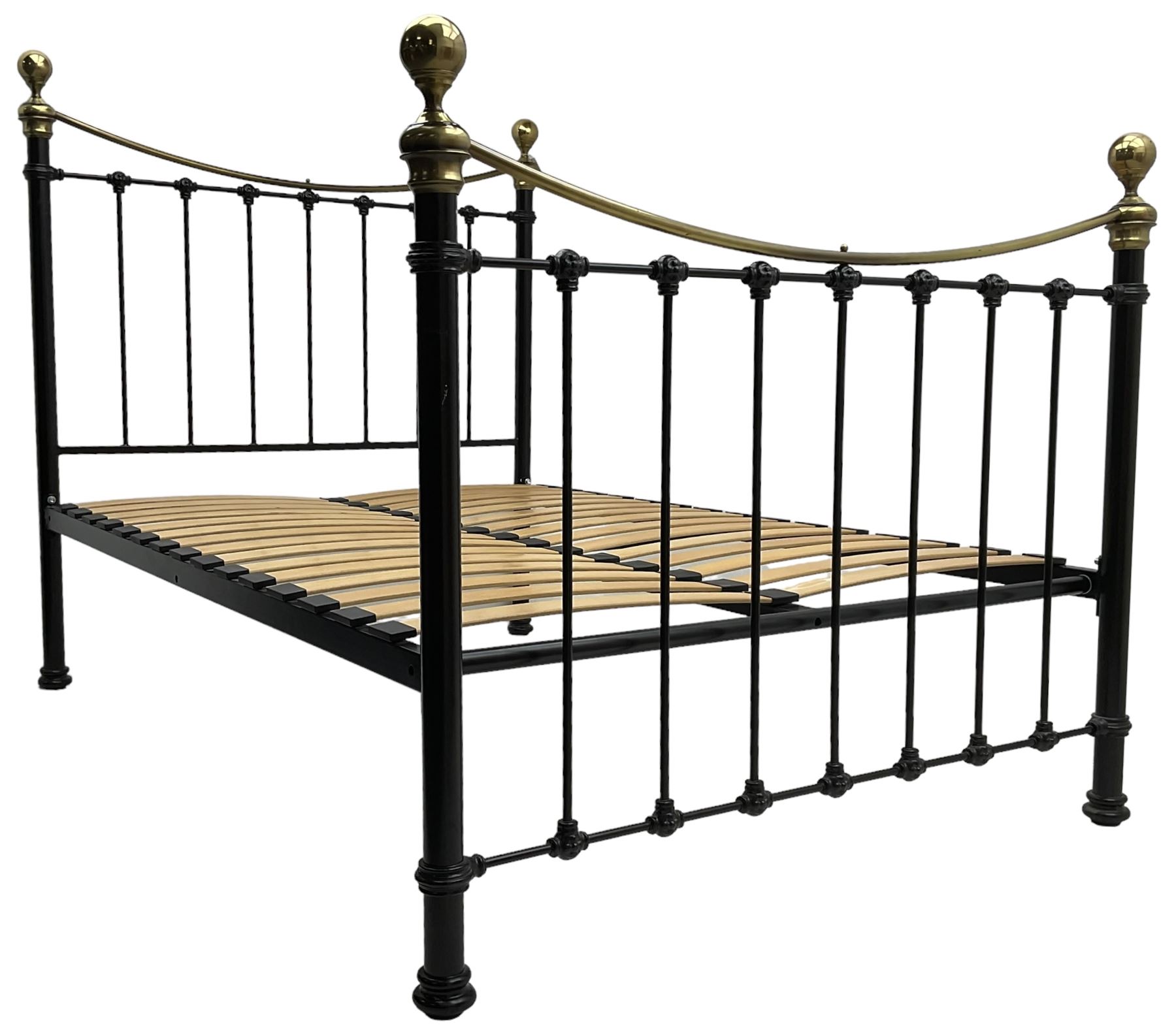 Victorian design black finish metal 4' 6'' double bedstead with brass