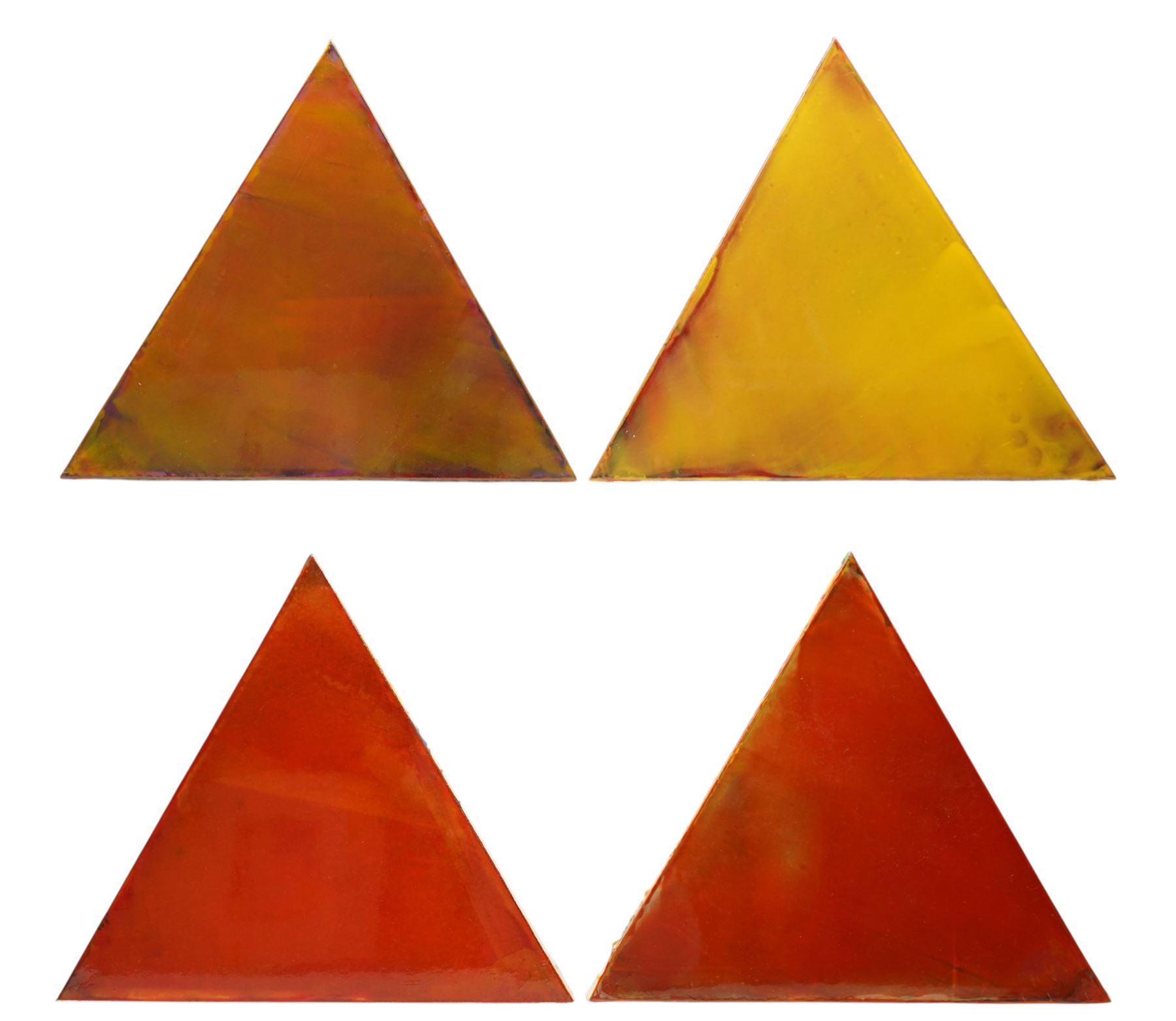 Gillian Ross Kelsey (British 1935-2025): 'Triangles' in Oranges, set of four acrylic glazes on canvas laid on to board unsigned all 44cm x 51cm (4)