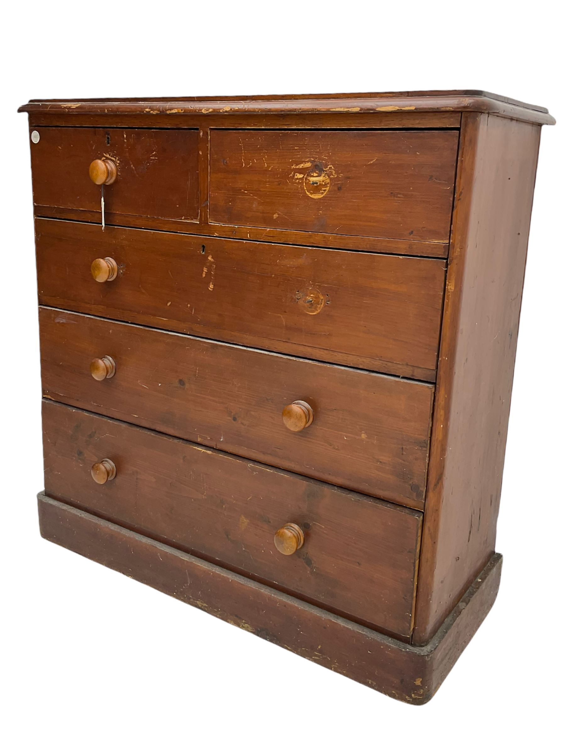 Chatsworth House - 19th century Victorian stained pine chest of drawers from Chatsworth House servant's quarters, moulded rectangular top over two short and three long drawers, plinth base. Provenance: Previously lot 1065 from the 