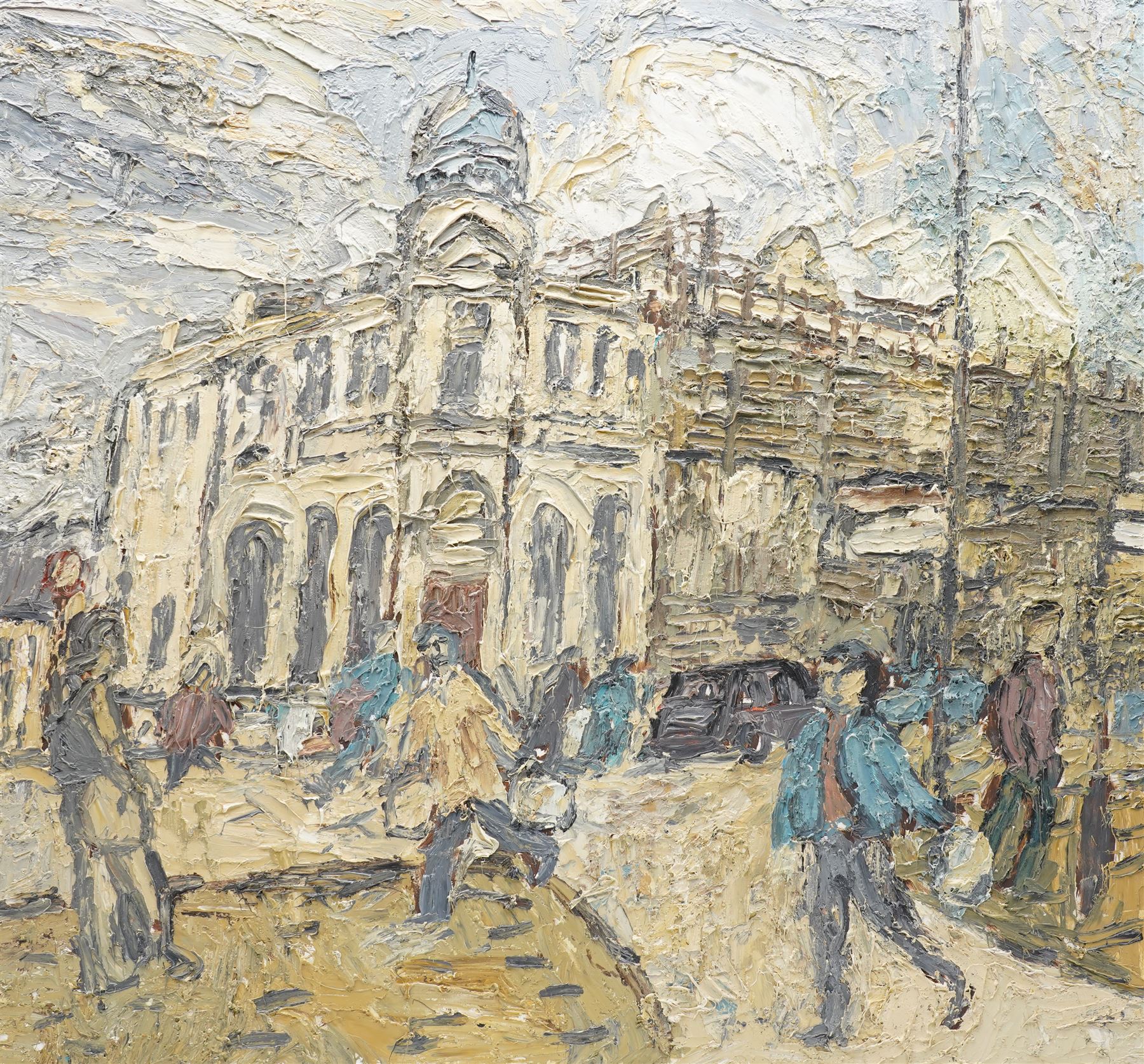 Barry De More (Yorkshire 1948-2023): 'Colne with Figures', oil on board, signed titled verso 61cm x 66cm (unframed)
Provenance: consigned by the artist's widow