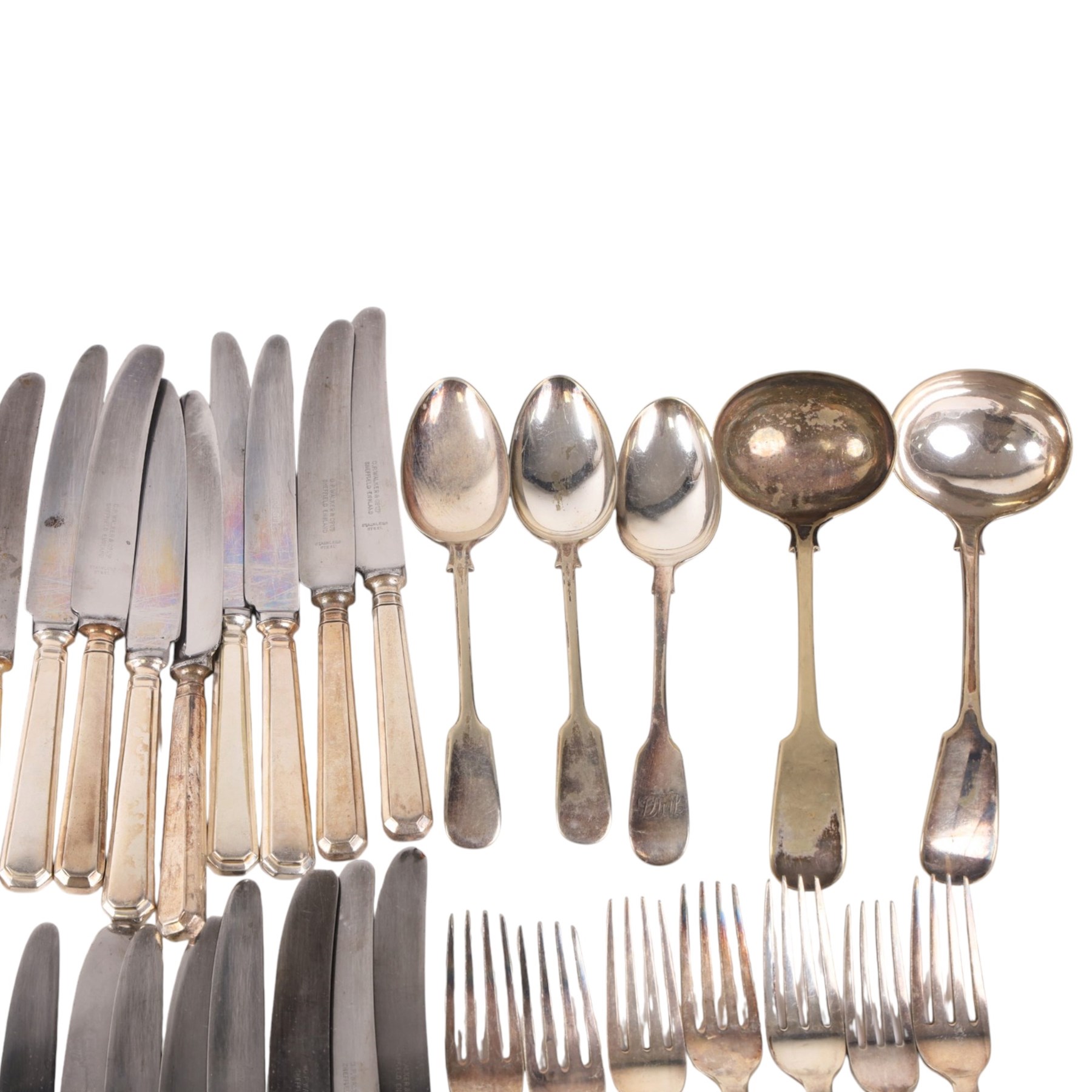 Collection of silver plated cutlery including, ladles, table knives, forks and spoons