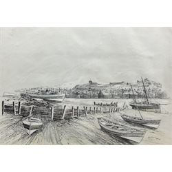 Desmond 'Des' G Sythes (British 1929-2008): 'Old Whitby - East Side', pen and ink signed, titled on label verso 36cm x 51cm