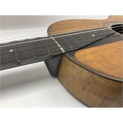 19th century Continental parlour guitar for restoration or display, with maple back and sides,  spruce top, scalloped neck and bone pegs; bears inset plaque to head 'Lapaix Paris 1830' and 'John Eastwood Teacher of the Guitar' paper label with manuscript note 'Fine Old Guitar Restored 1888 by JCB Leeds' L92cm