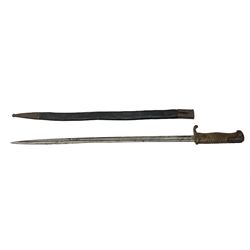 German Model 1898 bayonet 2nd pattern, the 52cm fullered steel blade inscribed Simson & Co to the ricasso, two-piece wooden grips and steel mounted leather scabbard 67.5cm overall