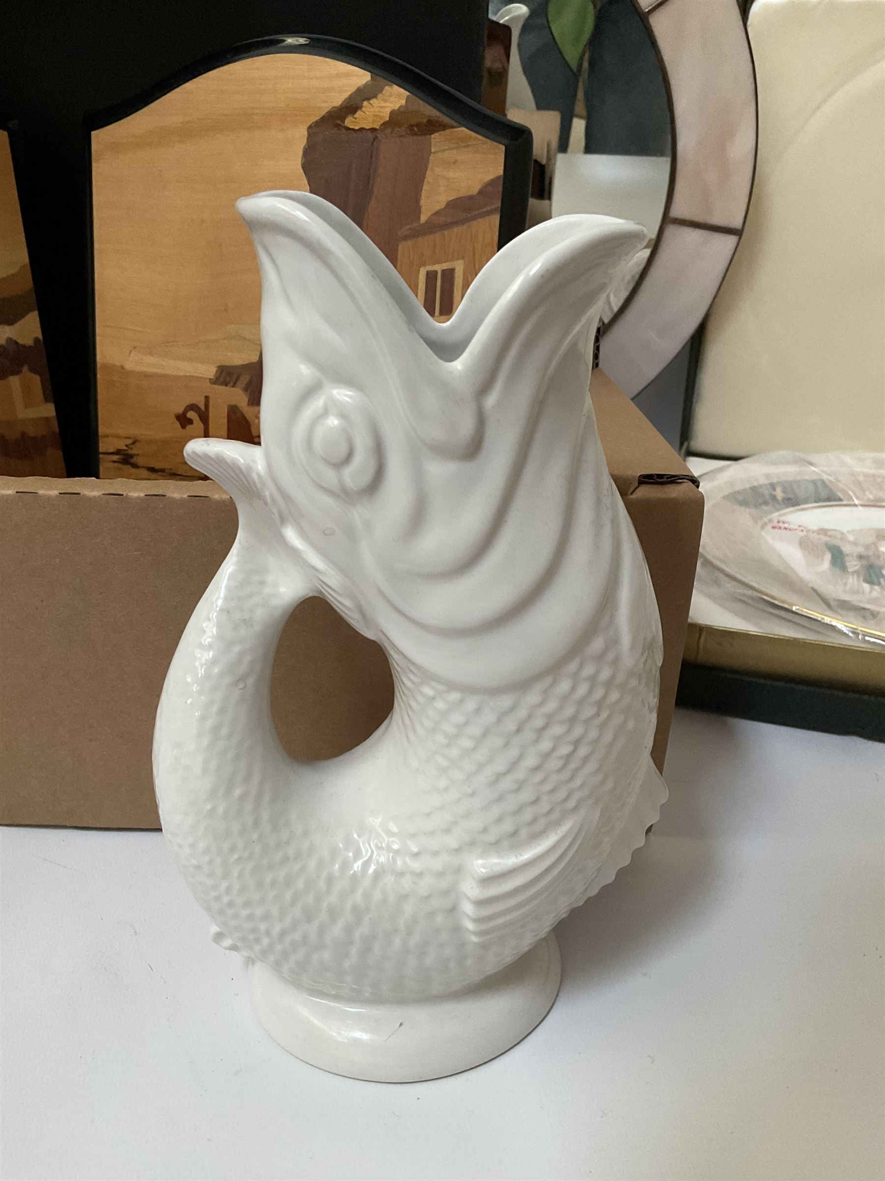 Wade Gluggle jug in white colour way, Mulberry Hall boxed commemorative plates, wooden boxes and pink circular wall mirror