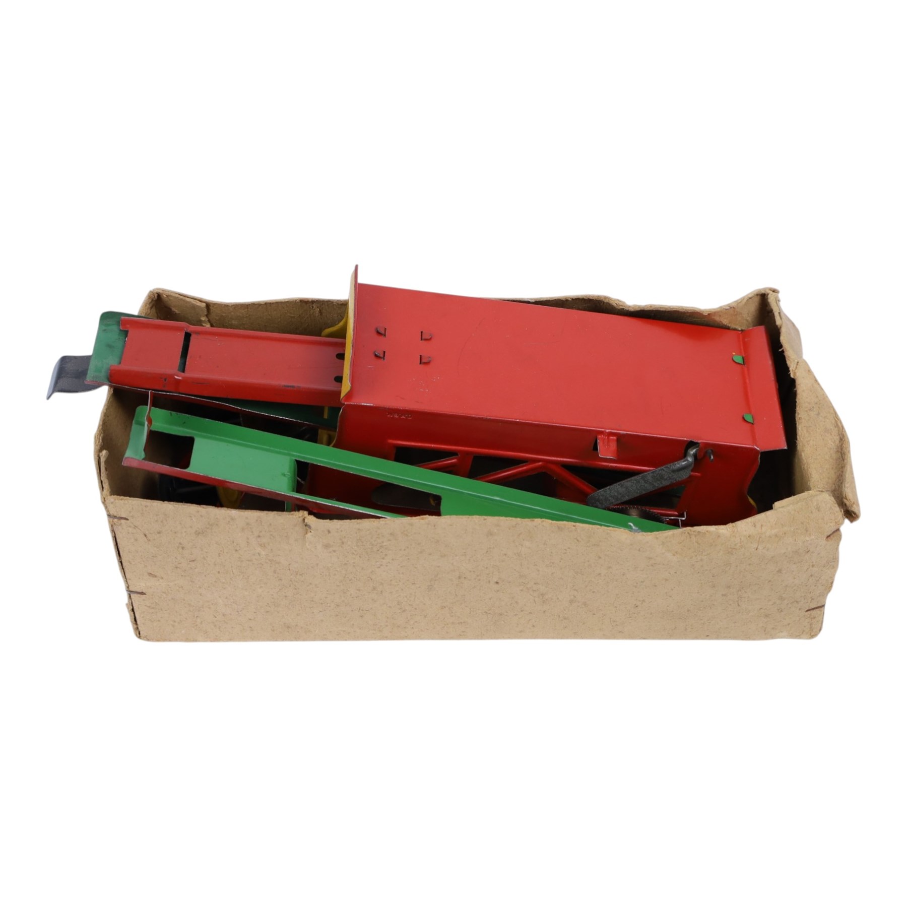 Group of tinplate toys, including German Over the Top with bell, boxed, German steam roller, Line Bros Triang Tank, two Minic lorries and other diecast vehicles