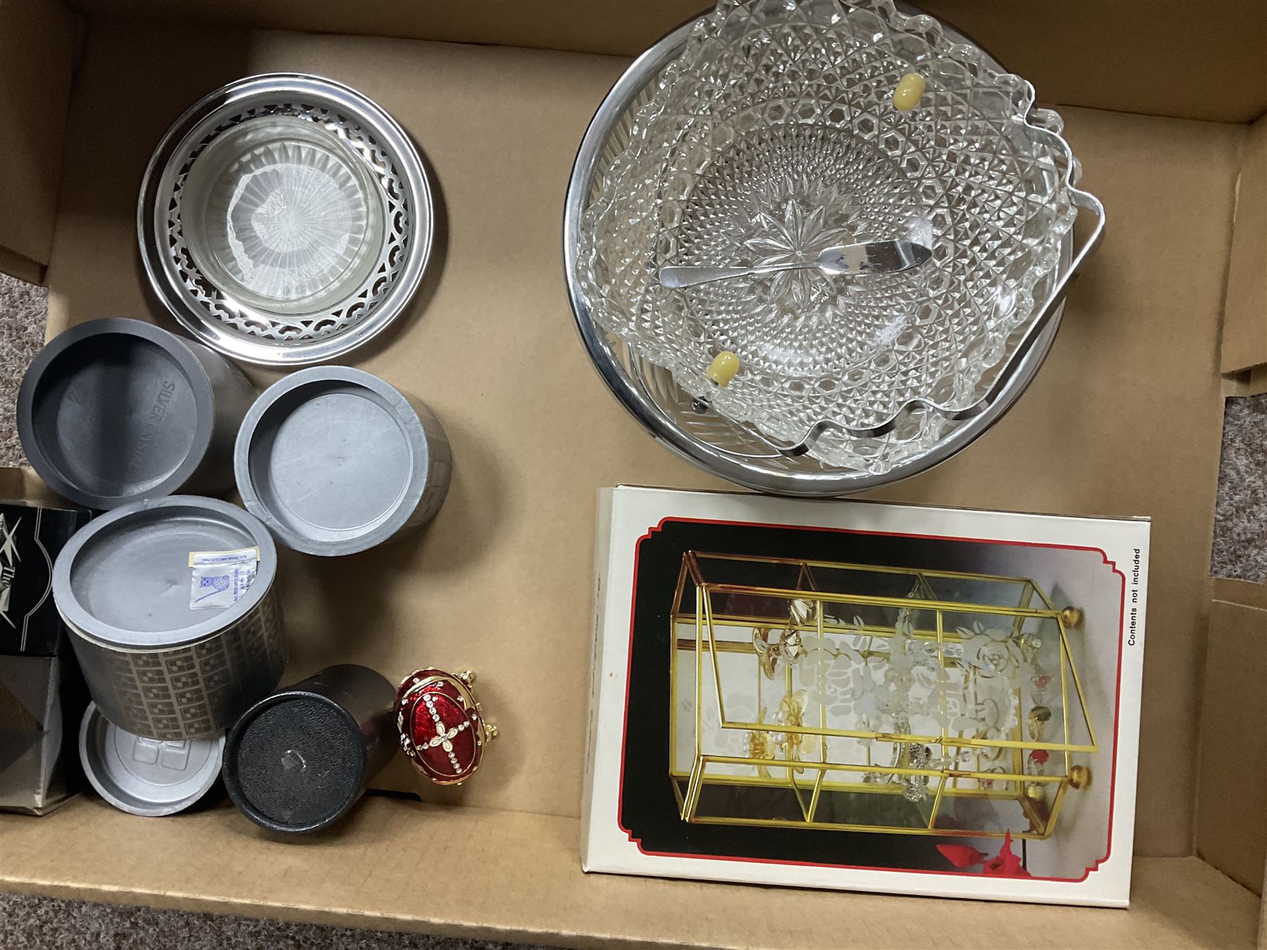 Swarovski crystal figures, together with glass display case, Danbury mint figures etc, in two boxes 