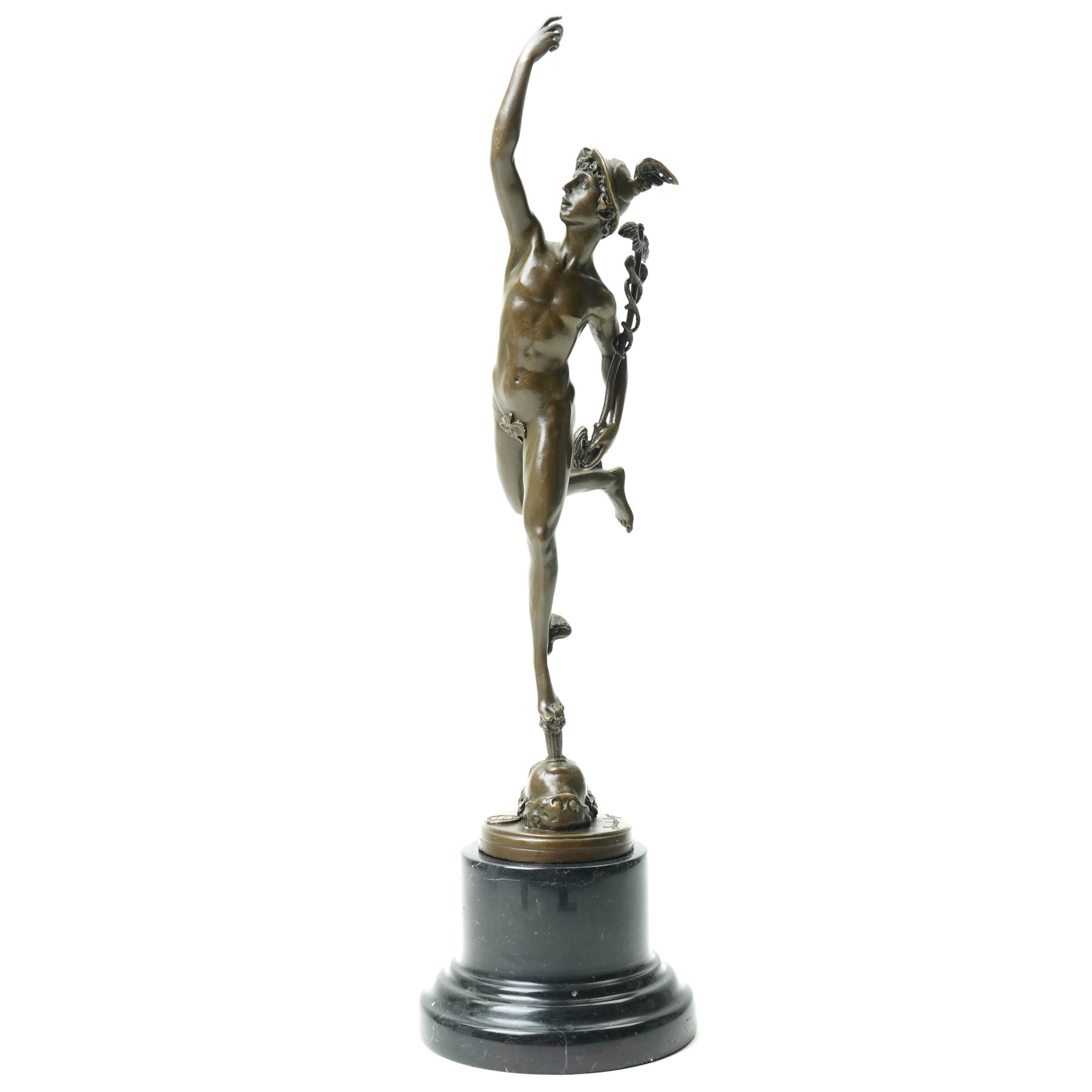 After Giambologna (Flemish 1529-1608): Bronze figure of Mercury holding a caduceus, on black marble base H43cm