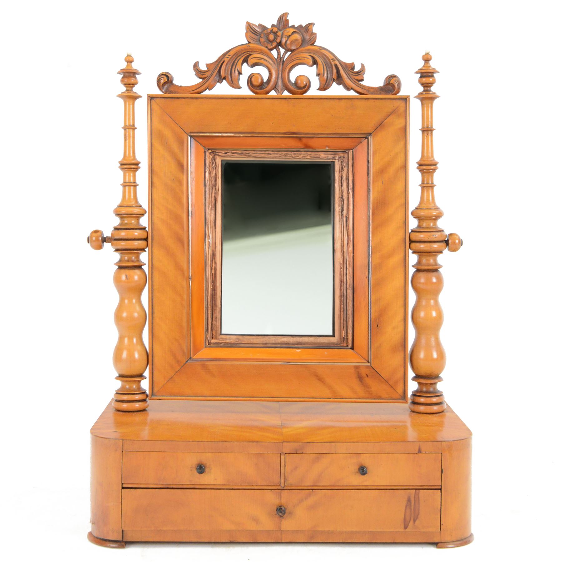 Victorian satinwood dressing table mirror, with carved foliate pediment above rectangular mirror plate, upon base with three drawers, H55cm