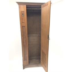  Art Nouveau narrow oak single wardrobe, projecting cornice, mirrored door (W87cm, H193cm, D48cm) and similar dressing chest, raised mirror back, two trinket drawers above two short and two long drawers (W92cm, H155cm, D51cm) (2) chest  