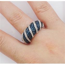 White gold pave set blue and white diamond ring, hallmarked 9ct, total blue diamond weight approx 1.05 carat, total white diamond weight approx 0.45 carat
