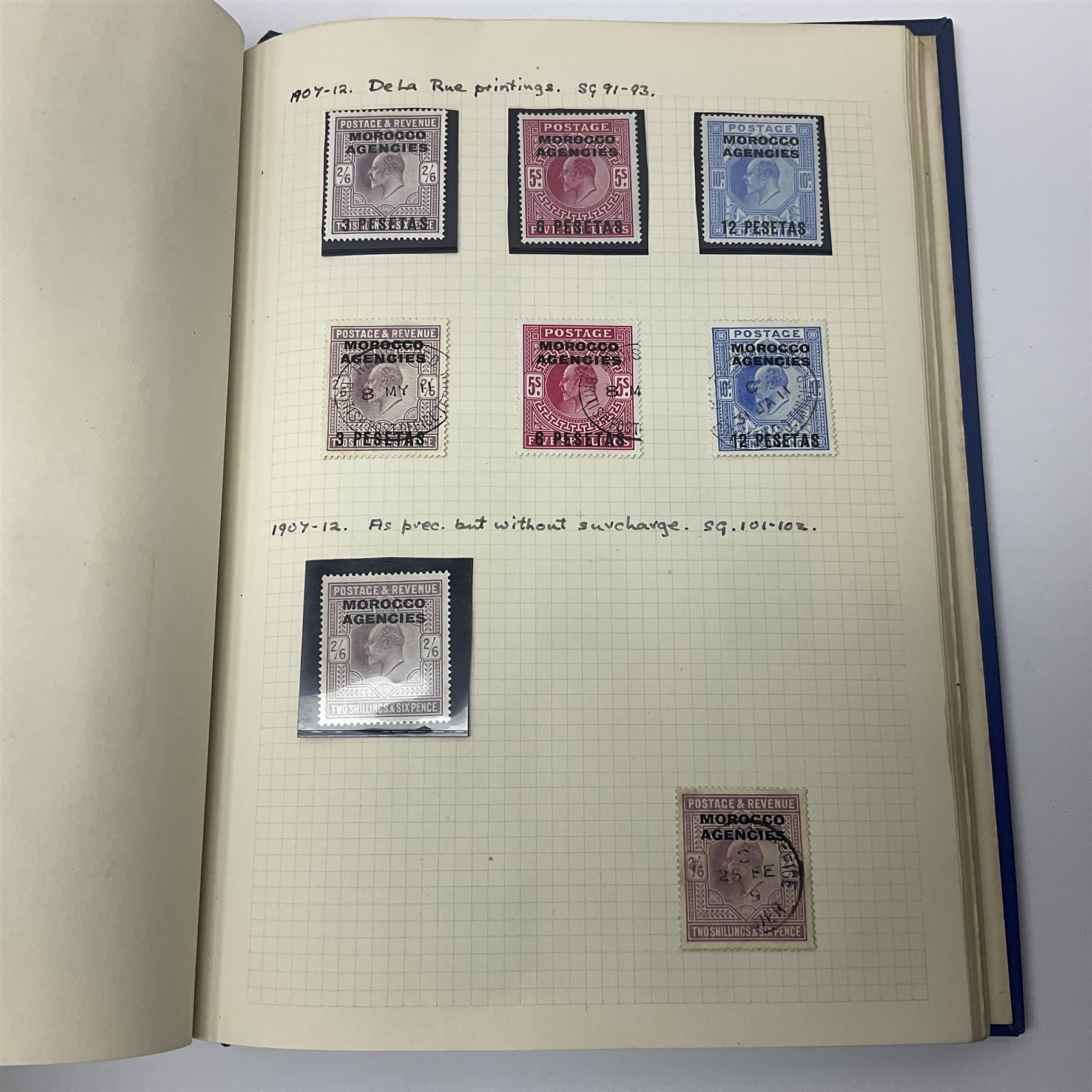 Queen Victoria and later Morocco Agencies and Tangier overprint stamps, including 1898 Morocco Agencies overprint on Gibraltar, some mint pairs, King Edward VII 1907-12 Morocco Agencies overprints with surcharge on two shillings and sixpence, five shillings and ten shillings, King George VI 1917-26 Morocco Agencies overprints on seahorses with half crown, five shillings and ten shilling values, Spanish French and International zones represented etc, housed in single blue album