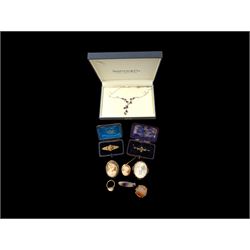 Collection of 9ct gold jewellery, including cameo brooches and ring and silver blue john brooch, silver necklace, etc