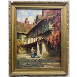 Frank Moss Bennett (British 1874-1952): Lady in a Sunlit Courtyard, oil on board unsigned 52cm x 39cm