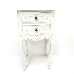 Pair French style two drawer bedside lamp chests, shaped top, two drawers, shell carved cabriole legs, W42cm, H75cm, D32cm