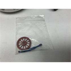 Chad Valley clockwork Fordson Major Tractor, a group of play worn Britains and other lead and metal farm animals, figures and accessories including a kennel, haystacks, dovecote, cows, sheep etc, together with a diecast model of a Tandem Bike L31cm