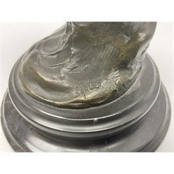 Bronze figure, modelled as an owl upon a rock, on stepped circular base, after Milo, H24.5cm