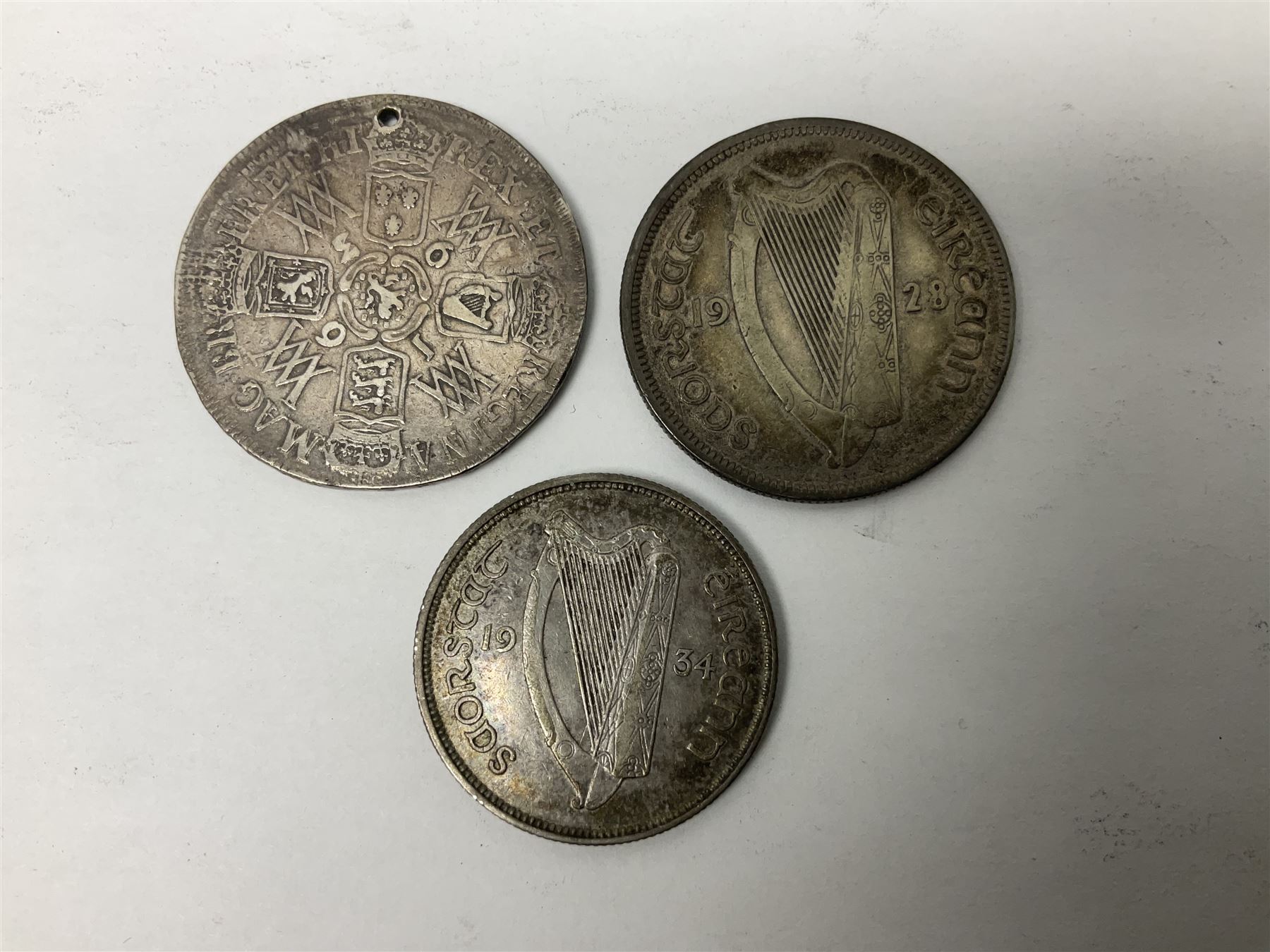 William and Mary 1693 halfcrown coin (holed), various Great British pre-1920 and pre-1947 silver threepence pieces, Ireland 1928 halfcrown and 1934 florin, Queen Elizabeth II 1994 fifty pence coins etc