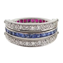 Early-mid 20th century 18ct white gold calibre cut sapphire and ruby and old cut diamond swivel ring, in original box