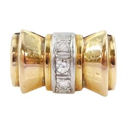 Mid-late 20th century European gold and platinum diamond abstract bow ring
