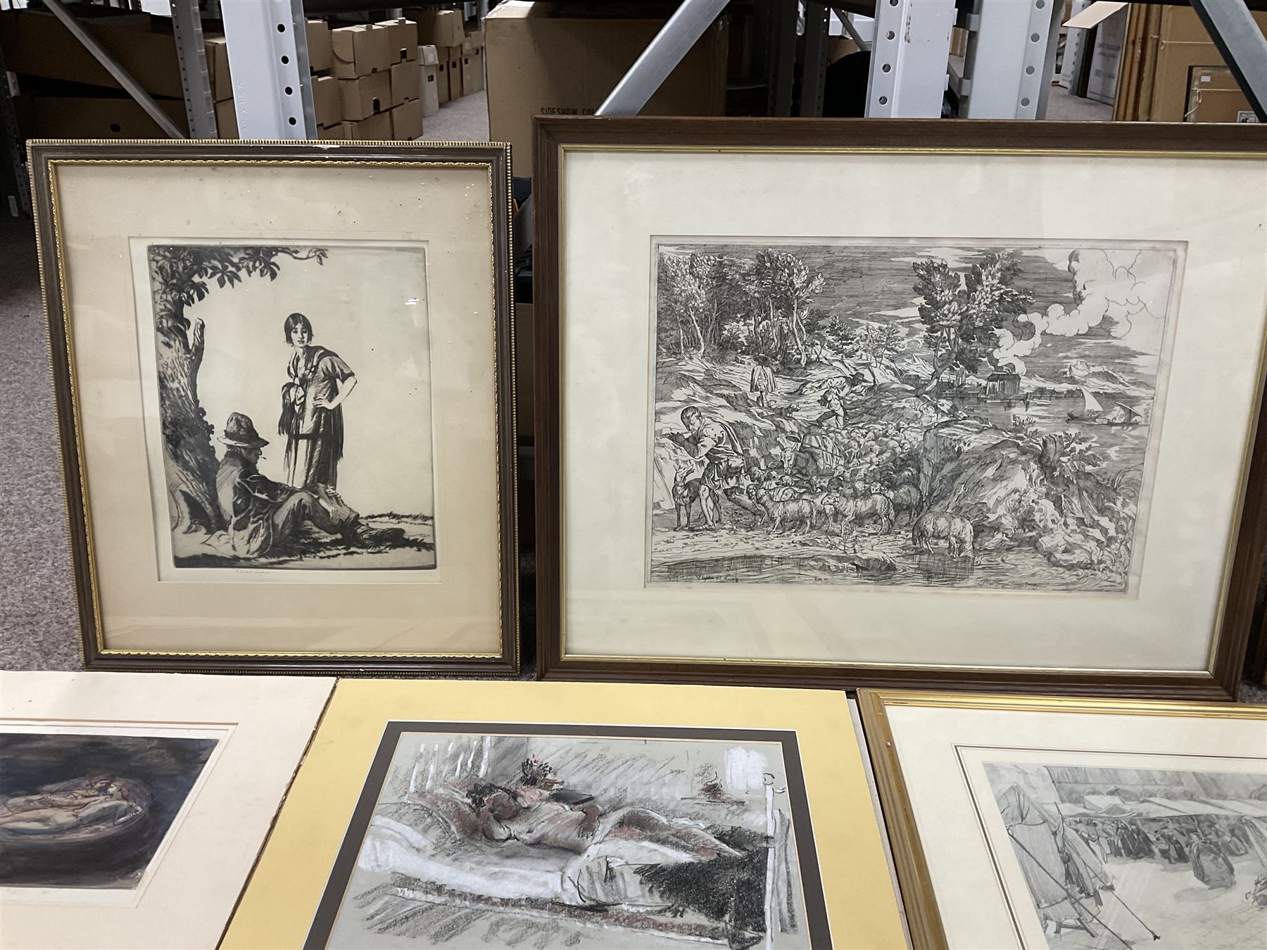 Collection of 19th/20th Century pencil drawings, mixed medias, etchings and prints, to include After Valentin Lefebre (Flemish 1637–1677): 'Landscape with Flute Playing Shepherd' and After Claude Gillot (French 1673-1722): 'Repas Distingue', variously signed titled and framed max 31cm x 43cm (9)