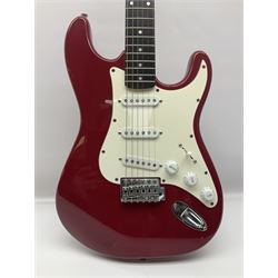 1990s Korean Squier Fender Stratocaster electric guitar in cherry red; serial no.S965951, L98cm