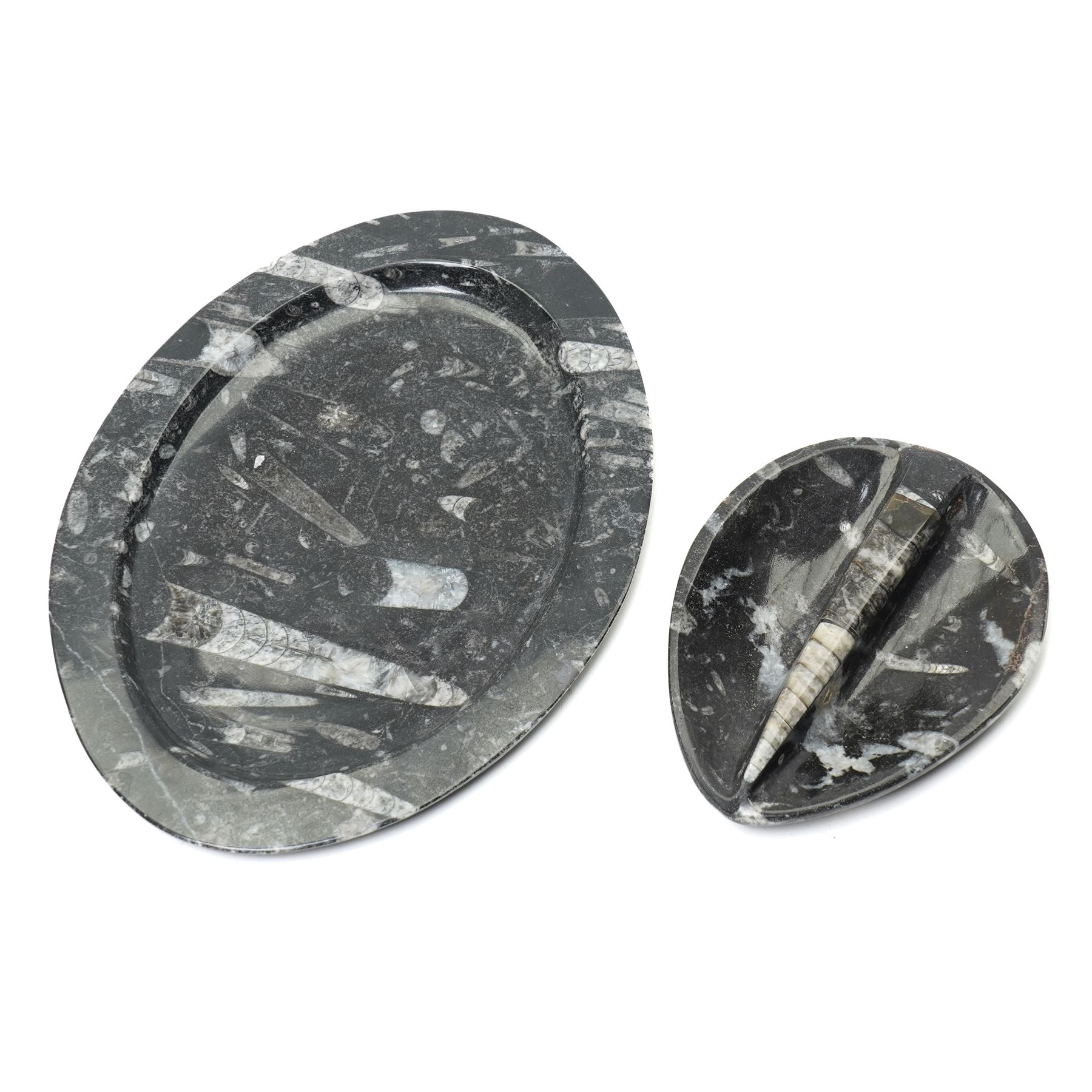 Oval dish with orthoceras inclusions W26cm and a similar smaller dish (2)