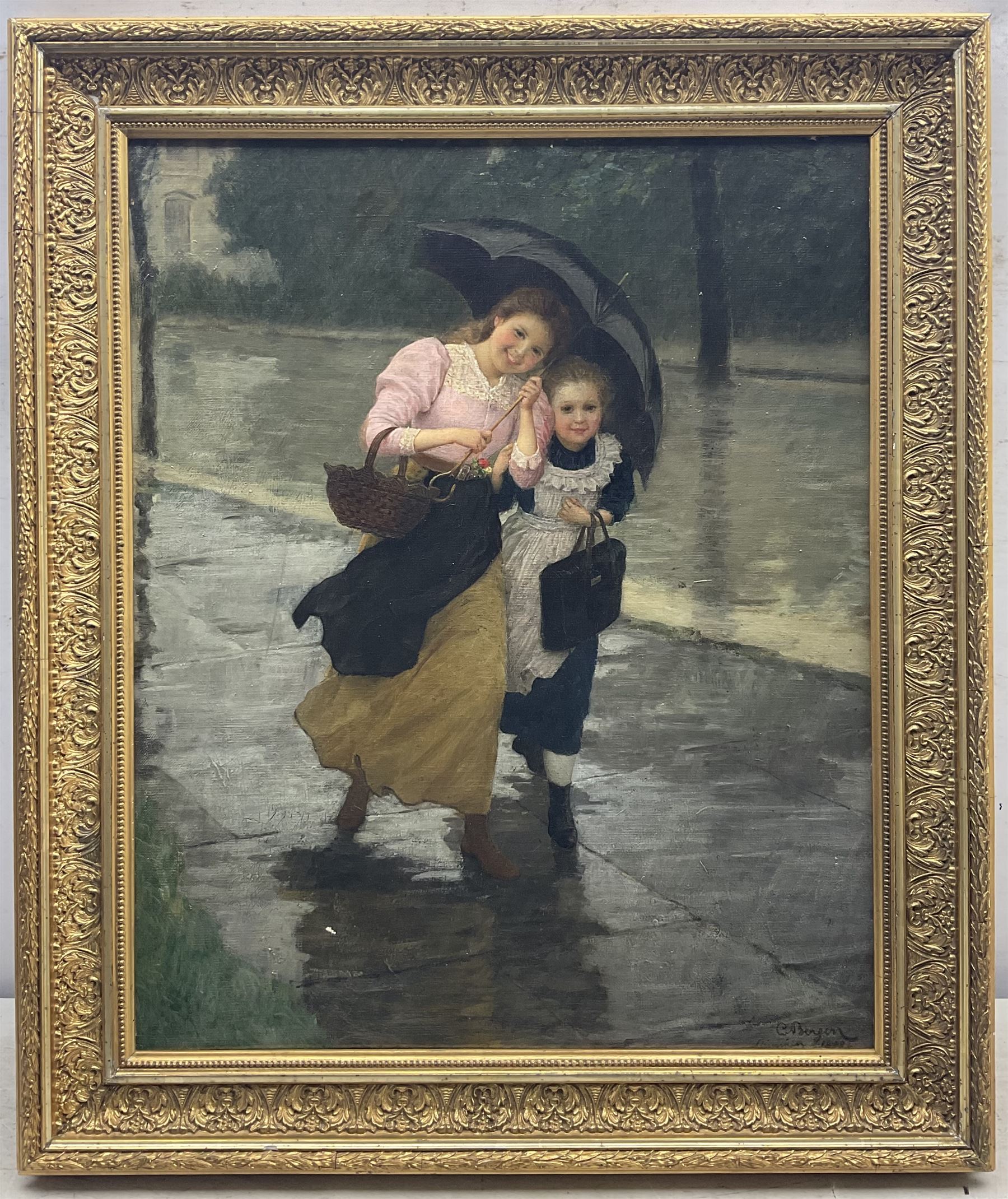 Carl Von Bergen (German 1853-1933): Sisters Caught in the Rain, oil on canvas signed and dated 1898, 54cm x 44cm 