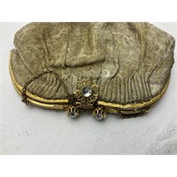 Victorian three piece mourning dress, with lace trim and jet beading, including velvet coat with satin collar panels and cuffs, the nipped waist with boning and slight flared peplum, heavily embellished beaded high neck collar, and ladies embroidered silk lined purse with gilt handle, mount and clasp