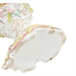 Near pair of Coalbrookdale style vases, of urnular twin handled form, painted with landscape scene and encrusted with blossoming flowers, tallest H29.5cm, together with a smaller Coalbrookdale style twin handled vase profusely encrusted with blossoming flowers, H22cm