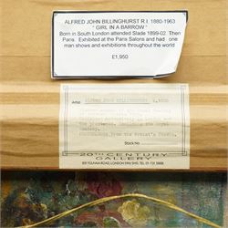 Alfred John Billinghurst: (British 1880-1963): 'Girl in a Barrow', oil on canvas unsigned, painted with a portrait of a girl reading painted verso 50cm x 60cm
Provenance: with 20th Century Gallery, London