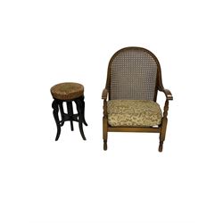 20th century armchair with cane back; and oak stool (2)