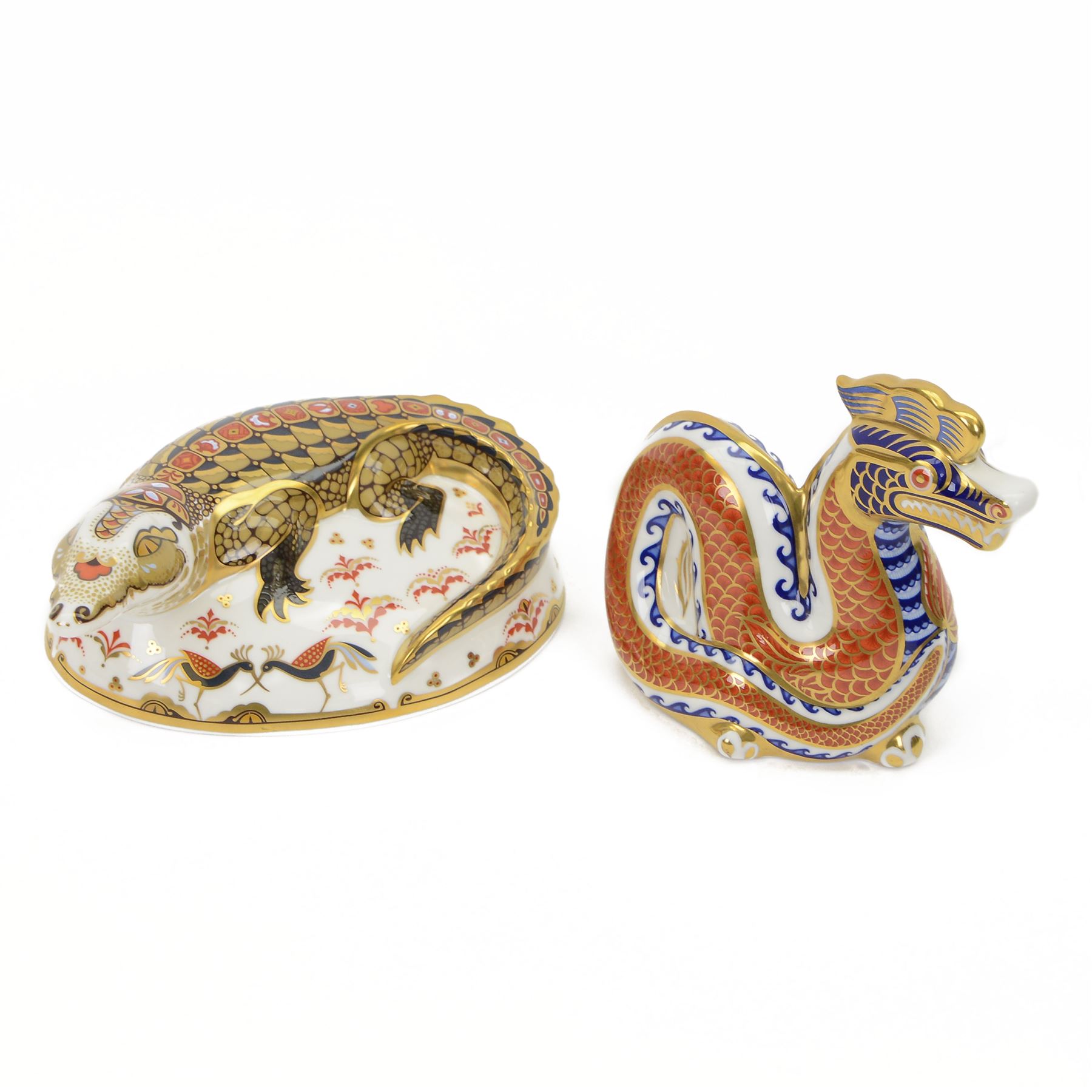 Two Royal Crown Derby paperweights, comprising Crocodile, with gold stopper and original box and Imari Dragon with gold stopper  
