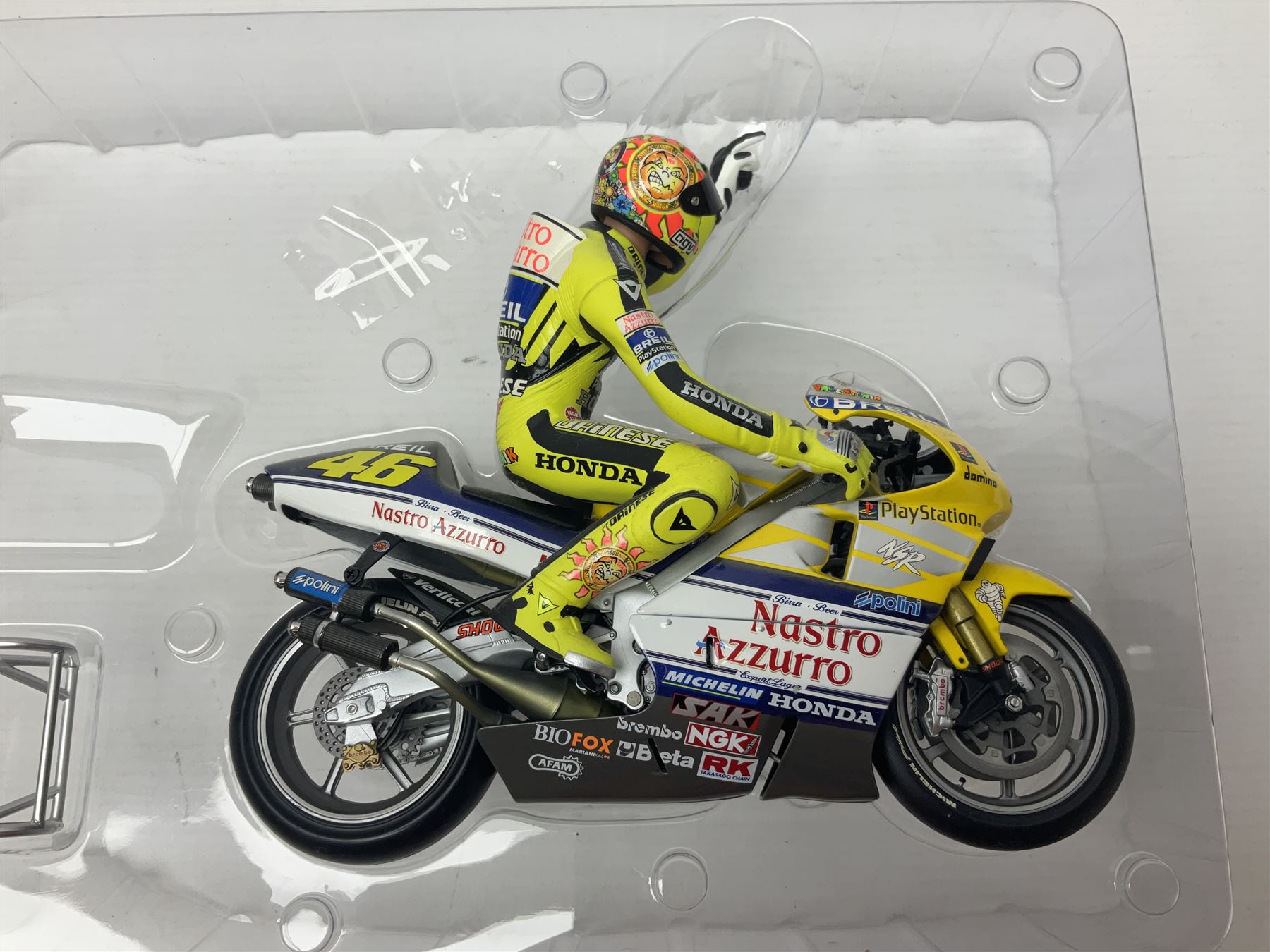 Two Minichamps limited edition Valentino Rossi Collection 1:12 scale die-cast motorcycles - Honda NSR500 Valentino Rossi Team Nastro Azzurro GP Donington 2000 with rider; and Honda NSR500 Valentino Rossi Team Azzurro GP Mugello 2001 Dirty Version; both boxed (2)