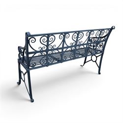 Regency period wrought iron garden bench, hand forged in wrought iron and finished in matt black paint, decorated with intricate scrollwork and featuring circular geometric ends, strapwork seat