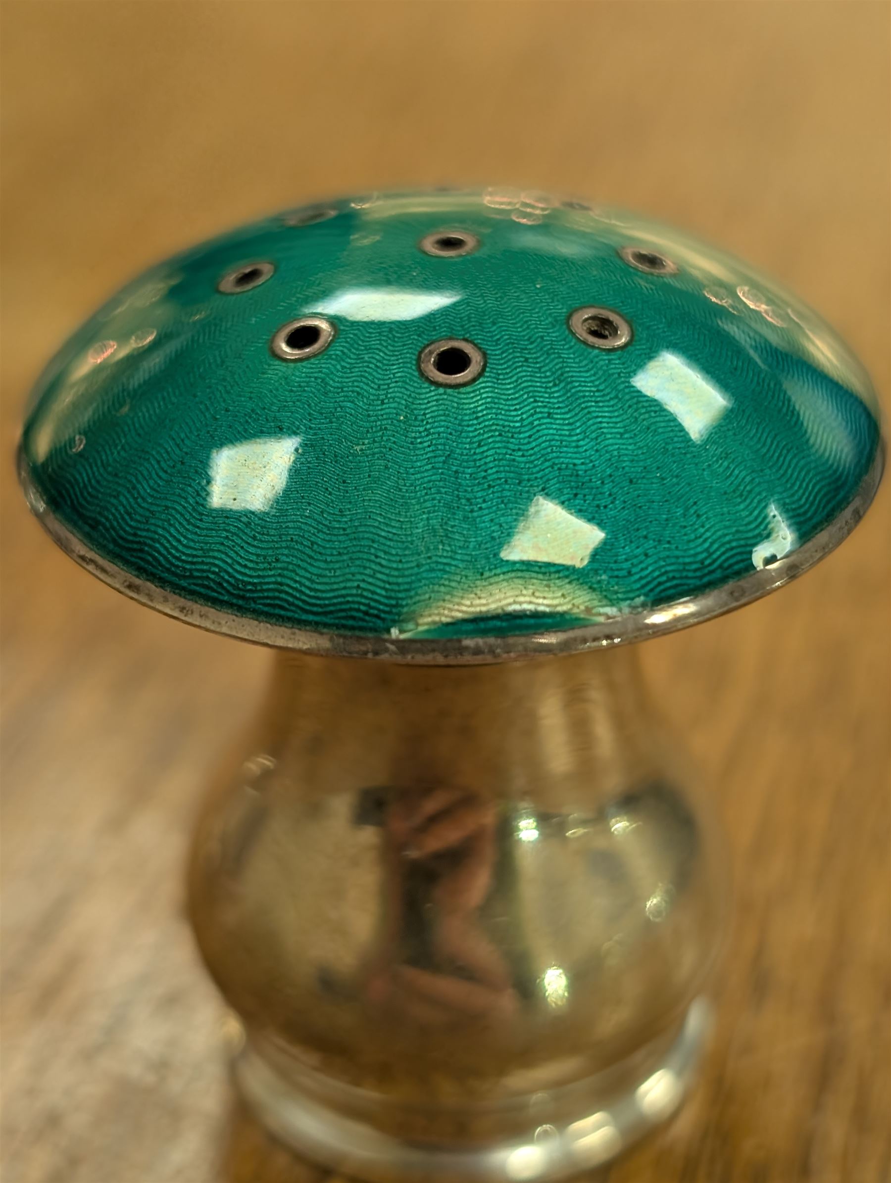 Pair of Norwegian silver and enamel salt and pepper shakers, modelled as toadstools with green guilloche enamel covers, stamped 925S Sterling Norway, H4cm