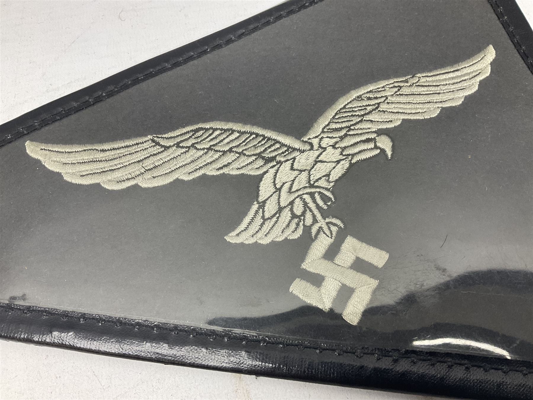 Pair of German winter snow boots, leather and felt with wooden soles; together with a replica WW2 German Luftwaffe car pennant (3)