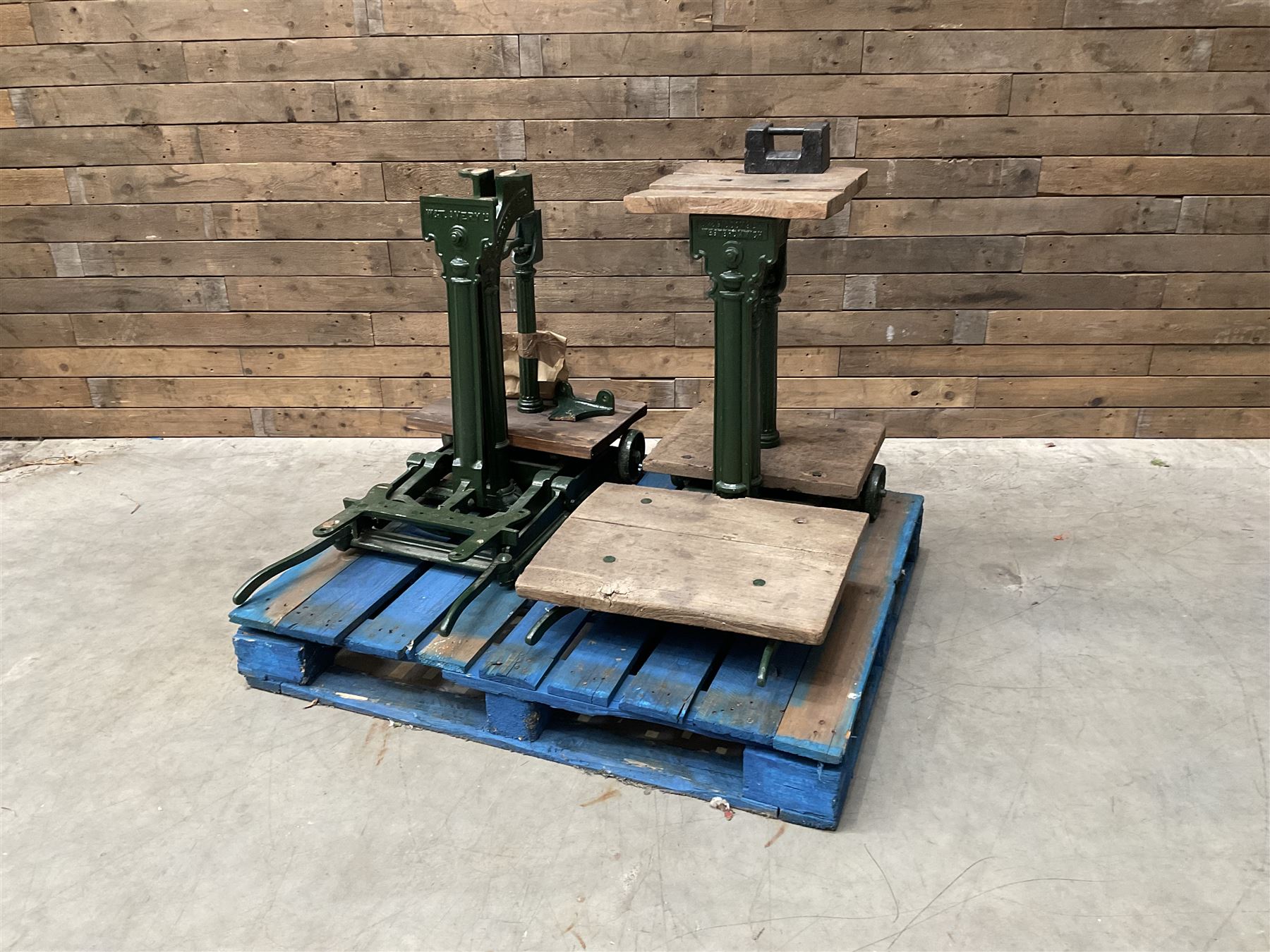 Two pairs of Victorian cast iron potato scales, one damaged with a 5kg weight