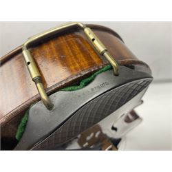 German trade violin c1900 with 35.5cm two-piece maple back and spruce top; bears label 'Made in Germany Apollo Class 6 No.2132' L59cm; in carrying case with two bows