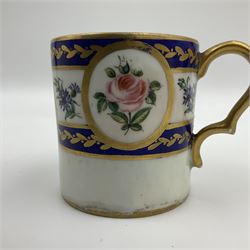 19th Sèvres style porcelain cup and saucer, the cup painted with a figural scene, against a scalloped border of scrolling floral swags on a blue ground, together with a Sèvres soft paste porcelain coffee can and saucer, painted with panels of exotic birds, roses and a border of cornflowers, LL monogram enclosing date letters H above painters mark, coffee can H6.5cm, saucer D13.5cm (2)