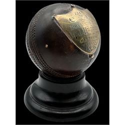Victorian presentation 'Hat Trick' cricket ball, with applied silver shield cartouche pres...