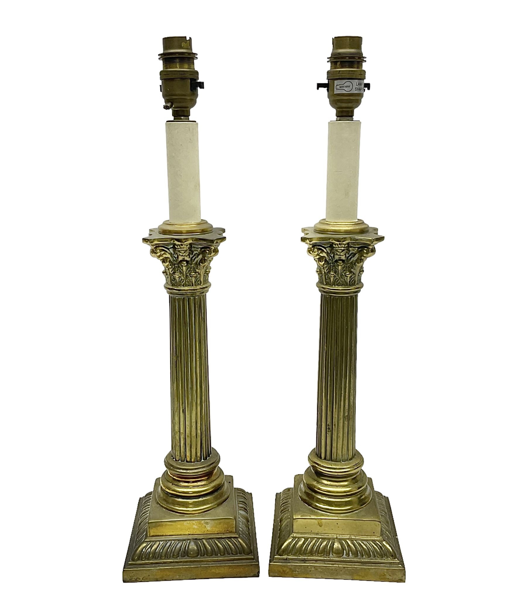 Pair of brass table lamps in the form of fluted Corinthian columns, H46cm