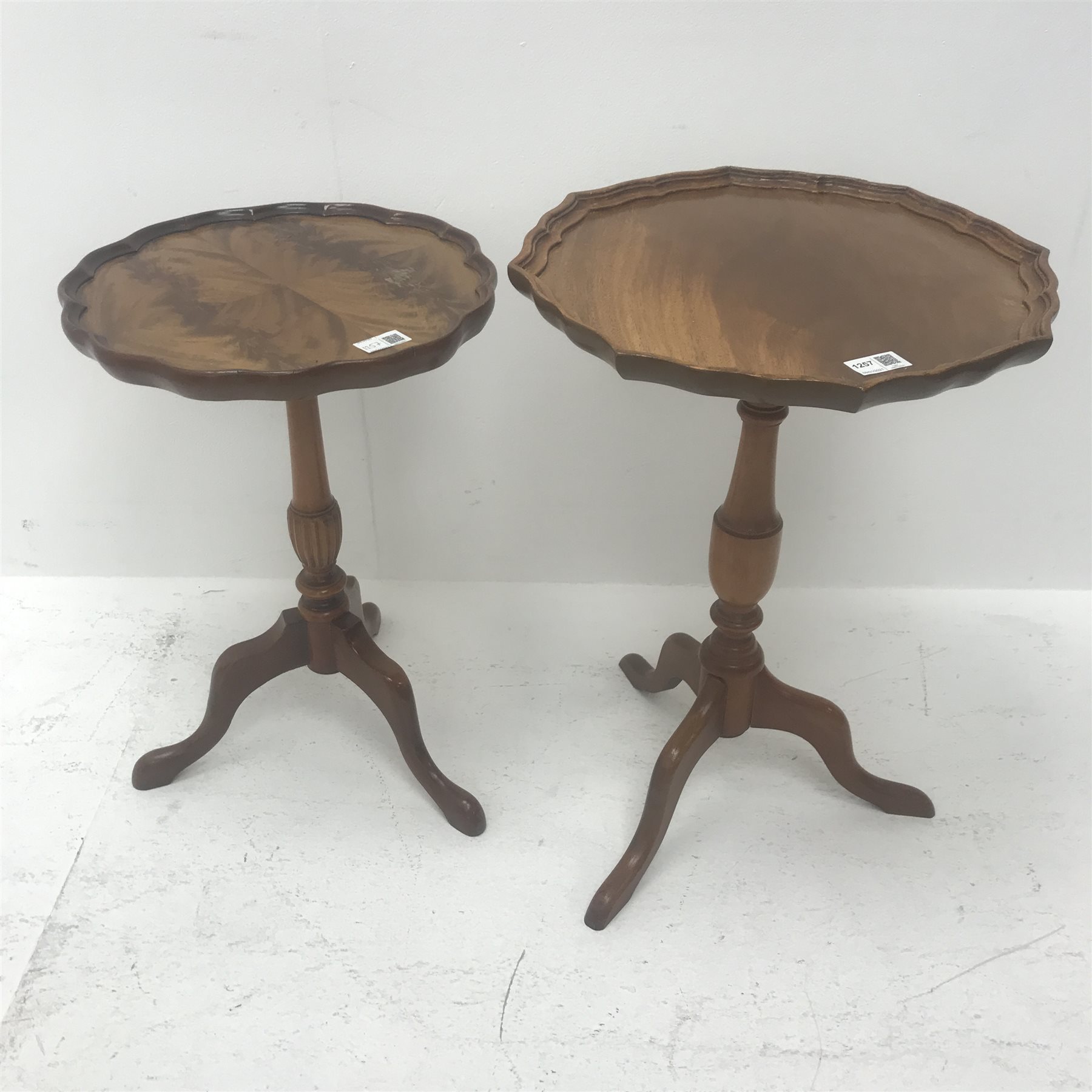 Two reproduction mahogany wine tables (H55cm), and a beech framed folding card table
