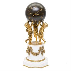 French- late 19th century 8-day globe clock, patinated globe with applied gilt Roman numer...