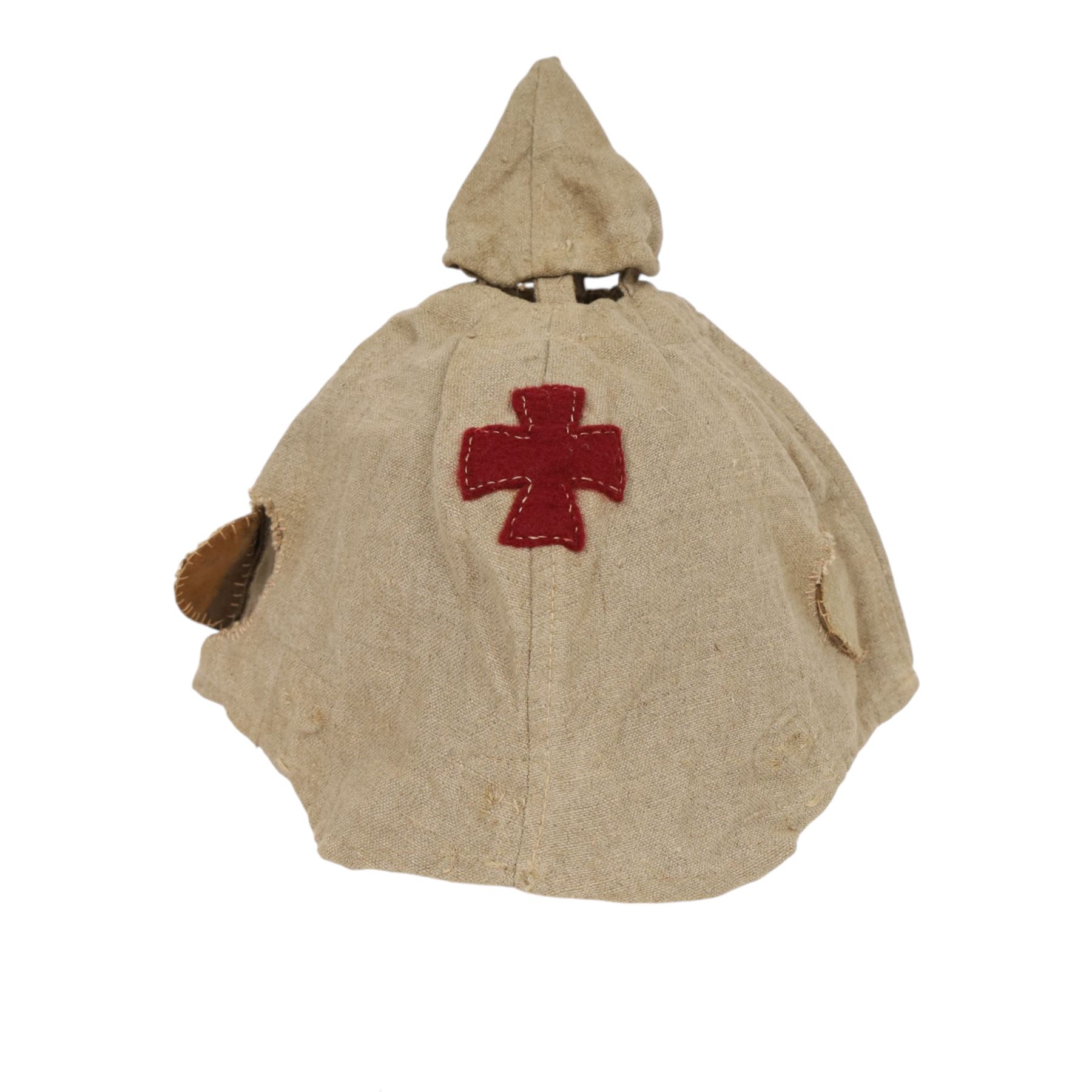 WWI canvas Pickelhaube Überzug (helmet cover), with ventilated finial cover, meta hooks to the seams, witha red cross to the front, marked to the inside ' BAVI 1915 '.