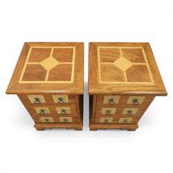 Barker & Stonehouse - 'Flagstone' pair of bedside chest, square top made of solid mango wood with stone travertine inserts, above three drawers applied with stone and metal ring pulls with star detail, raised on a shaped bracket base