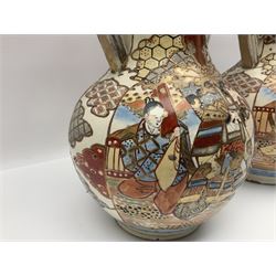 Pair of Japanese Satsuma vases decorated with four panels of figures in a landscape setting between patterned borders, character marks to the base, together with another pair of Satsuma vases and well bucket, largest vase H47cm