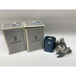 Four Lladro figures, comprising Playing Poodles in matte finish no 11258, Friend for Life 7685, Little Hunter no 6212 and Gentle Surprise no 6210, three with original boxes, largest example H15cm 